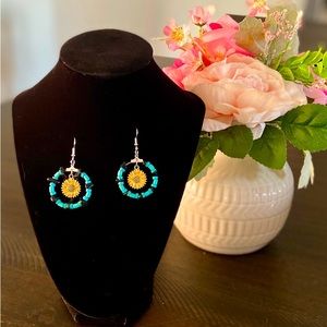 Custom Sunflower and Turquoise Beaded Earrings